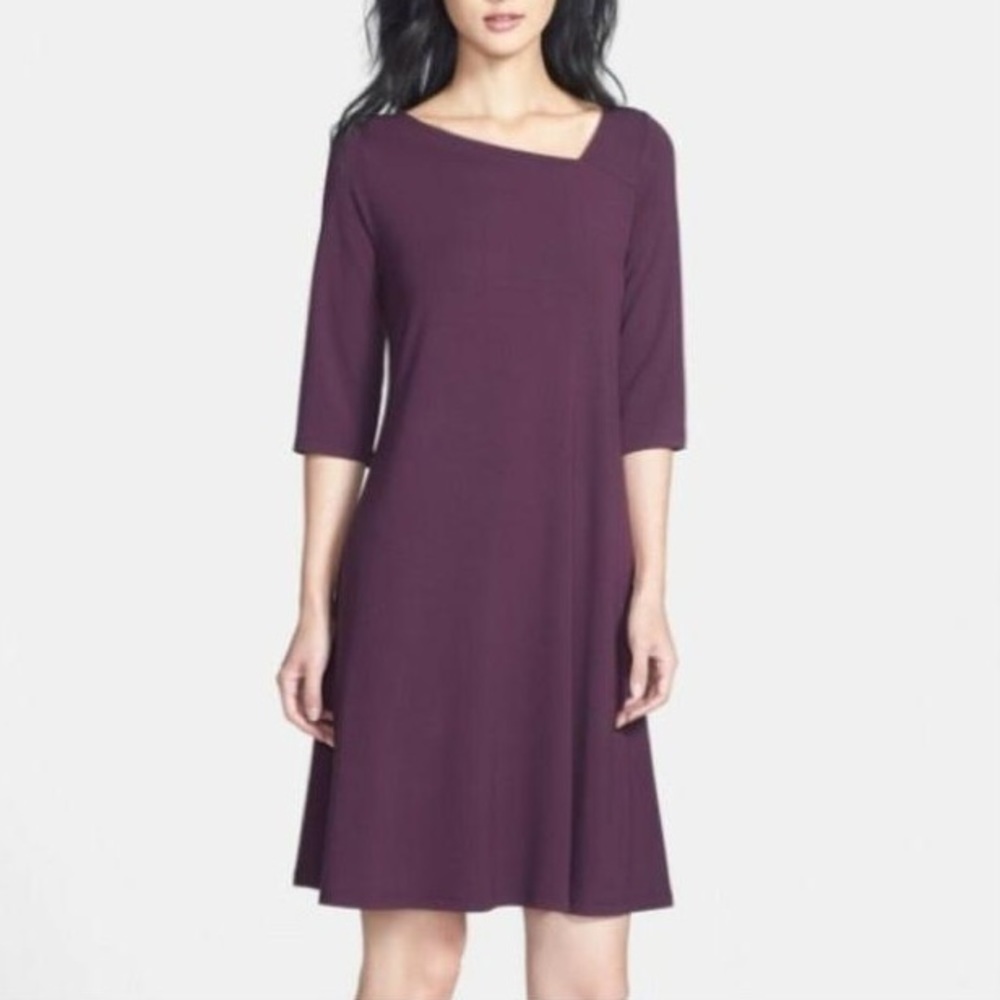 Eileen Fisher Plum Swing Dress Asymmetric Neckline Elbow Length Sleeves Medium